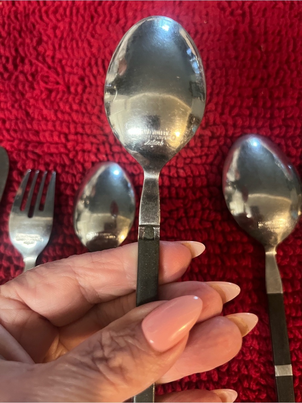 Vintage Stanley Roberts Japan Black Handle MCM Flatware Tuxedo Style 14pc lot - Picture 8 of 11